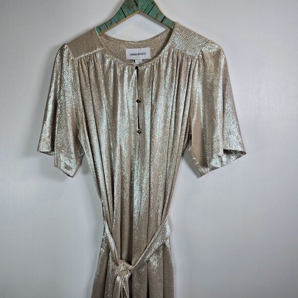 Sabina Musayev Gold Metallic Shimmer Foil O/S Belted Button-up Dress, M, NWOT - Picture 5 of 12